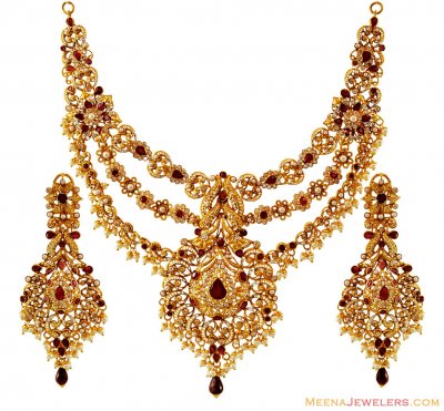 22K Gold Ruby Bridal Necklace Set ( Bridal Necklace Sets )
