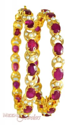 Gold Bangles with Ruby and Pearls ( Precious Stone Bangles )