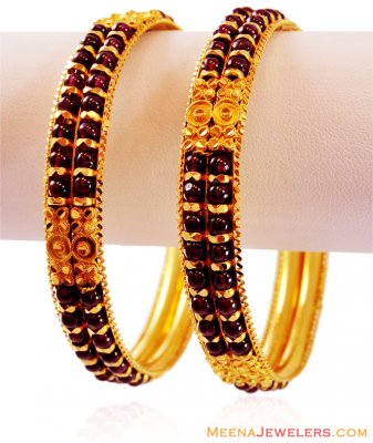 22K Gold Garnet Kada (Pair) ( Precious Stone Bangles )