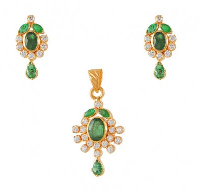 22Kt Gold Pendant Set With Emerald n Cz  ( Precious Stone Pendant Sets )
