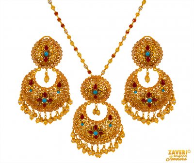22 kt Gold Chand Bali Pendant Set ( Precious Stone Pendant Sets )