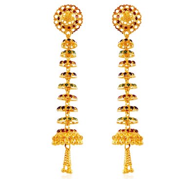 Layered Meenakari Gold Earrings - ErGt18123 - 22K Gold Long Earring ...