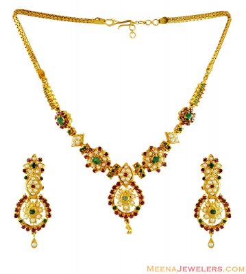 Ruby Emerald Pearls Necklace Set ( Combination Necklace Set )