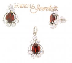 22k Gold Pendant and Earrings Set with CZ and Garnet ( White Gold Pendant Sets )